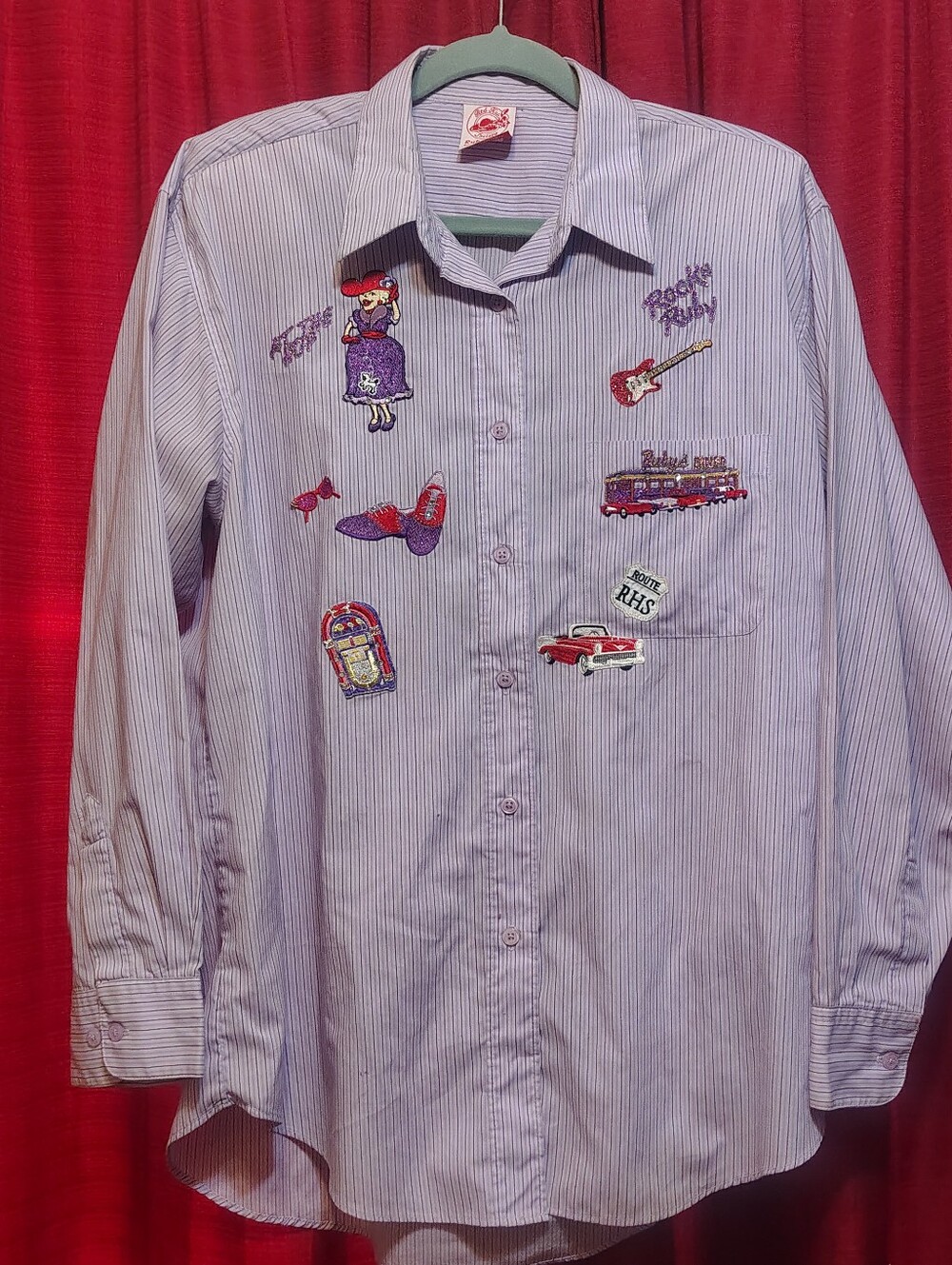 Vintage Red Hat Society Ruby Elite Button Up Shirt Embroidered Padded Shoulder